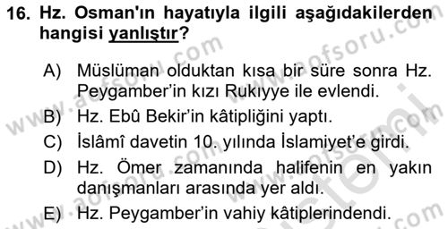 İlk Dönem İslam Tarihi Dersi 2025 - 2026 Yılı (Final) Dönem Sonu Sınav Soruları 16. Soru