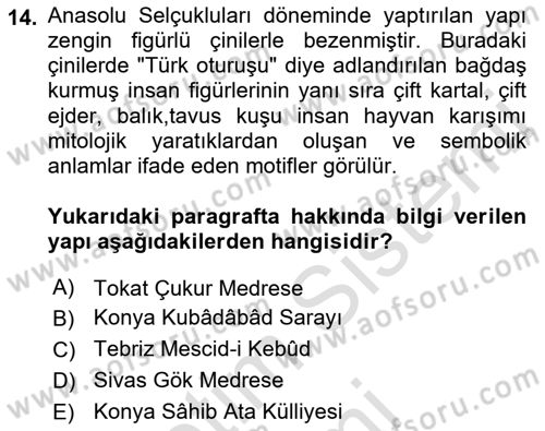 İslam Sanatları Tarihi Dersi 2023 - 2024 Yılı (Final) Dönem Sonu Sınav Soruları 14. Soru