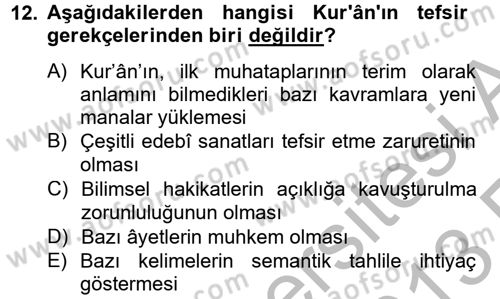 Tefsir Tarihi ve Usulü Dersi 2012 - 2013 Yılı (Vize) Ara Sınav Soruları 12. Soru