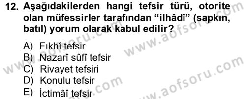 Tefsir Tarihi ve Usulü Dersi 2012 - 2013 Yılı (Final) Dönem Sonu Sınav Soruları 12. Soru