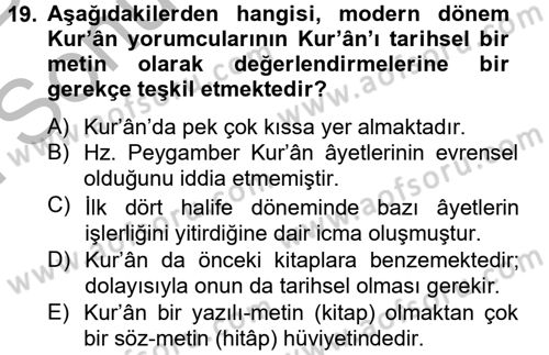 Tefsir Tarihi ve Usulü Dersi 2012 - 2013 Yılı (Final) Dönem Sonu Sınav Soruları 19. Soru