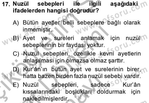 Tefsir Tarihi ve Usulü Dersi 2013 - 2014 Yılı (Final) Dönem Sonu Sınav Soruları 17. Soru