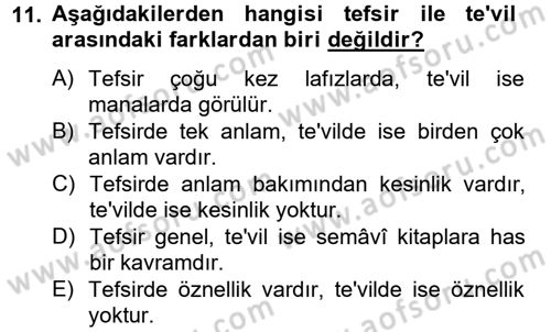 Tefsir Tarihi ve Usulü Dersi 2014 - 2015 Yılı (Vize) Ara Sınav Soruları 11. Soru