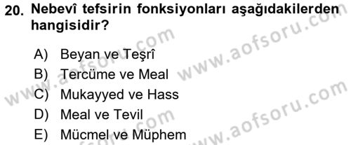 Tefsir Tarihi ve Usulü Dersi 2015 - 2016 Yılı (Vize) Ara Sınav Soruları 20. Soru