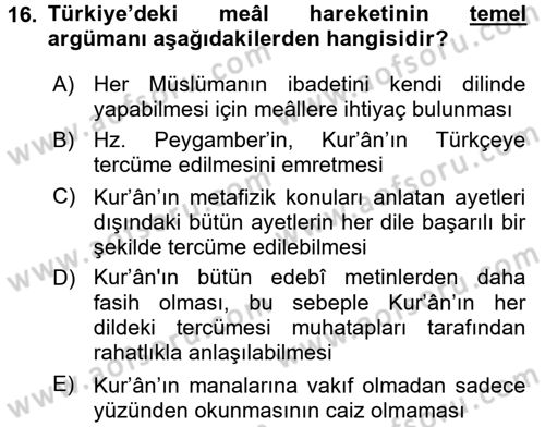 Tefsir Tarihi ve Usulü Dersi 2015 - 2016 Yılı (Final) Dönem Sonu Sınav Soruları 16. Soru