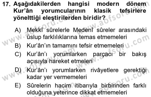 Tefsir Tarihi ve Usulü Dersi 2015 - 2016 Yılı (Final) Dönem Sonu Sınav Soruları 17. Soru