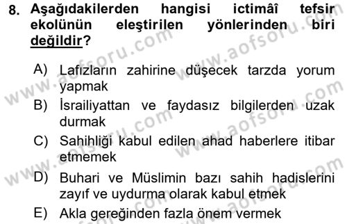 Tefsir Tarihi ve Usulü Dersi 2015 - 2016 Yılı (Final) Dönem Sonu Sınav Soruları 8. Soru