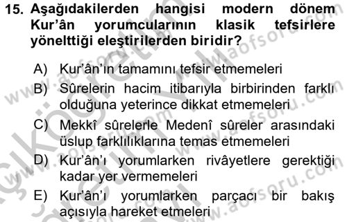Tefsir Tarihi ve Usulü Dersi 2016 - 2017 Yılı 3 Ders Sınav Soruları 15. Soru