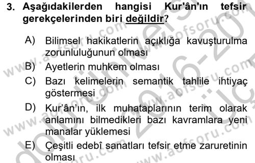 Tefsir Tarihi ve Usulü Dersi 2016 - 2017 Yılı 3 Ders Sınav Soruları 3. Soru
