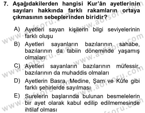Tefsir Tarihi ve Usulü Dersi 2016 - 2017 Yılı (Vize) Ara Sınav Soruları 7. Soru