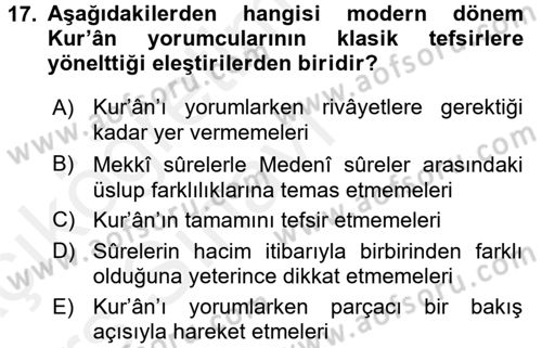 Tefsir Tarihi ve Usulü Dersi 2017 - 2018 Yılı 3 Ders Sınav Soruları 17. Soru