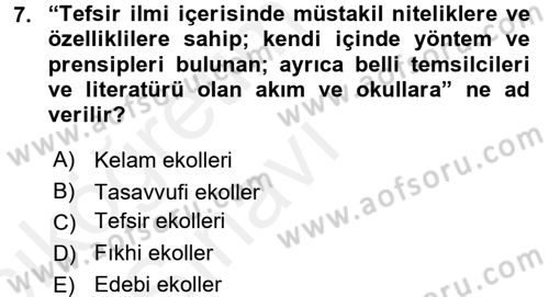 Tefsir Tarihi ve Usulü Dersi 2017 - 2018 Yılı 3 Ders Sınav Soruları 7. Soru