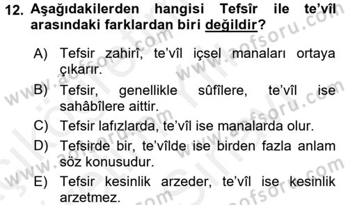 Tefsir Tarihi ve Usulü Dersi 2017 - 2018 Yılı (Vize) Ara Sınav Soruları 12. Soru