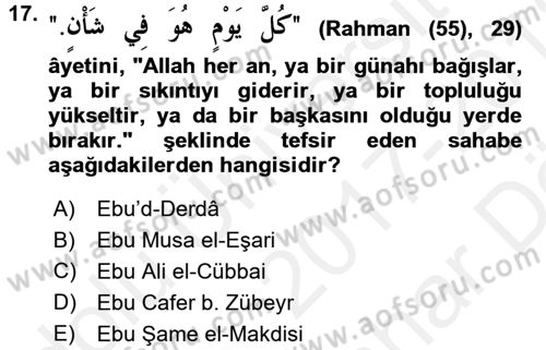 Tefsir Tarihi ve Usulü Dersi 2017 - 2018 Yılı (Vize) Ara Sınav Soruları 17. Soru