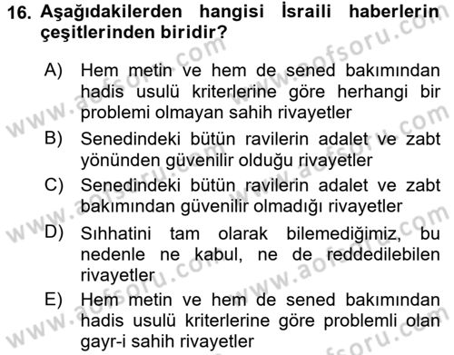 Tefsir Tarihi ve Usulü Dersi 2017 - 2018 Yılı (Final) Dönem Sonu Sınav Soruları 16. Soru