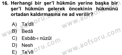 Tefsir Tarihi ve Usulü Dersi 2018 - 2019 Yılı (Final) Dönem Sonu Sınavı 16. Soru