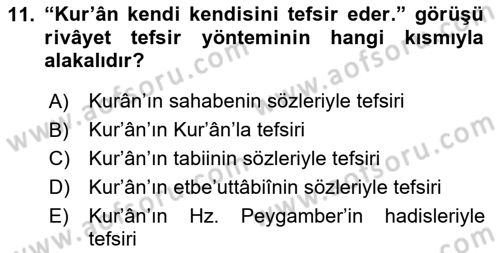 Tefsir Tarihi ve Usulü Dersi 2020 - 2021 Yılı Yaz Okulu Sınav Soruları 11. Soru