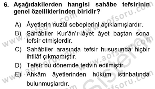 Tefsir Tarihi ve Usulü Dersi 2020 - 2021 Yılı Yaz Okulu Sınav Soruları 6. Soru