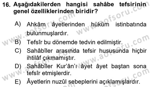 Tefsir Tarihi ve Usulü Dersi 2021 - 2022 Yılı (Vize) Ara Sınav Soruları 16. Soru