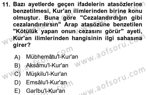 Tefsir Tarihi ve Usulü Dersi 2021 - 2022 Yılı (Final) Dönem Sonu Sınav Soruları 11. Soru