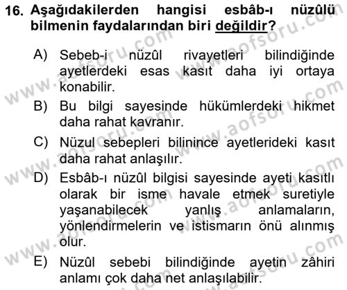 Tefsir Tarihi ve Usulü Dersi 2021 - 2022 Yılı (Final) Dönem Sonu Sınav Soruları 16. Soru