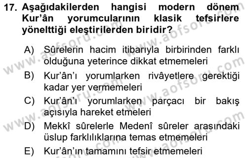Tefsir Tarihi ve Usulü Dersi 2021 - 2022 Yılı Yaz Okulu Sınav Soruları 17. Soru