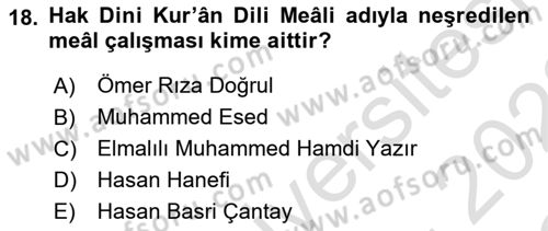 Tefsir Tarihi ve Usulü Dersi 2021 - 2022 Yılı Yaz Okulu Sınav Soruları 18. Soru
