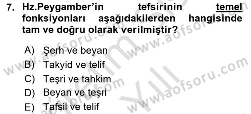 Tefsir Tarihi ve Usulü Dersi 2022 - 2023 Yılı Yaz Okulu Sınav Soruları 7. Soru