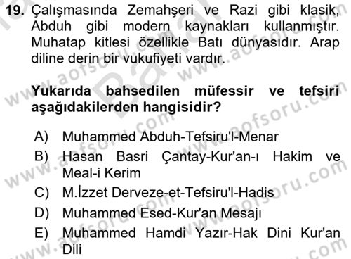 Tefsir Tarihi ve Usulü Dersi 2023 - 2024 Yılı (Final) Dönem Sonu Sınav Soruları 19. Soru