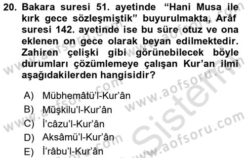 Tefsir Tarihi ve Usulü Dersi 2023 - 2024 Yılı (Final) Dönem Sonu Sınav Soruları 20. Soru