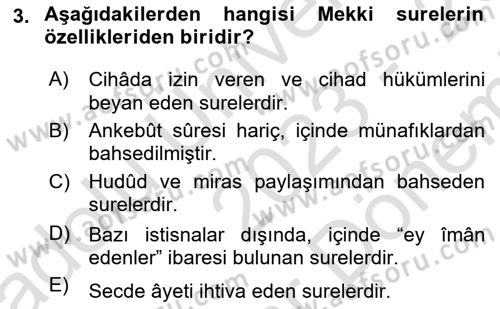 Tefsir Tarihi ve Usulü Dersi 2023 - 2024 Yılı (Final) Dönem Sonu Sınav Soruları 3. Soru