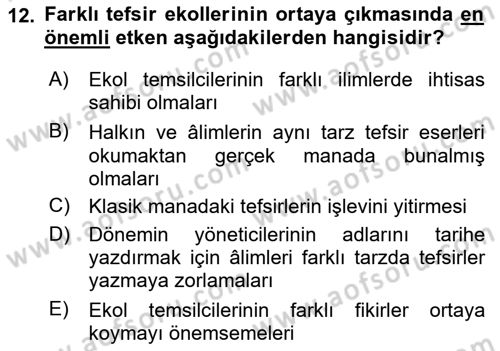 Tefsir Tarihi ve Usulü Dersi 2023 - 2024 Yılı Yaz Okulu Sınav Soruları 12. Soru