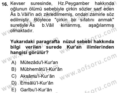 Tefsir Tarihi ve Usulü Dersi 2023 - 2024 Yılı Yaz Okulu Sınav Soruları 16. Soru