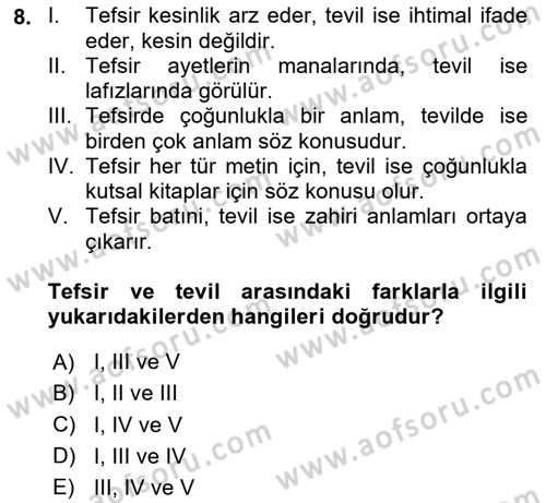Tefsir Tarihi ve Usulü Dersi 2023 - 2024 Yılı Yaz Okulu Sınav Soruları 8. Soru