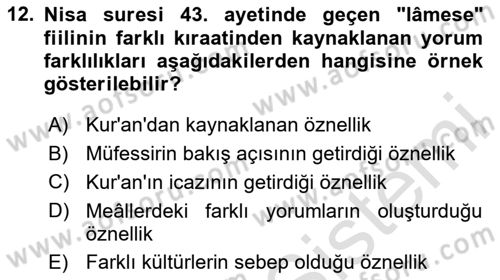 Tefsir Tarihi ve Usulü Dersi 2024 - 2025 Yılı (Vize) Ara Sınav Soruları 12. Soru