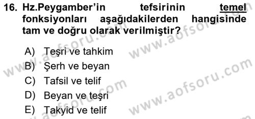 Tefsir Tarihi ve Usulü Dersi 2024 - 2025 Yılı (Vize) Ara Sınav Soruları 16. Soru