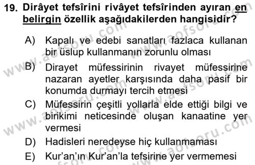 Tefsir Tarihi ve Usulü Dersi 2024 - 2025 Yılı (Vize) Ara Sınav Soruları 19. Soru