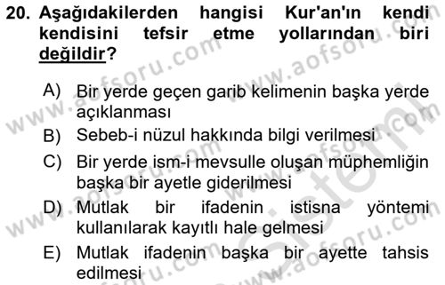 Tefsir Tarihi ve Usulü Dersi 2024 - 2025 Yılı (Vize) Ara Sınav Soruları 20. Soru