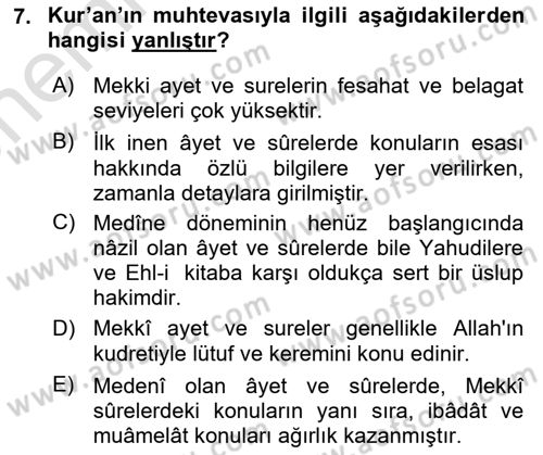 Tefsir Tarihi ve Usulü Dersi 2024 - 2025 Yılı (Vize) Ara Sınav Soruları 7. Soru