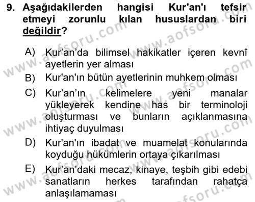 Tefsir Tarihi ve Usulü Dersi 2024 - 2025 Yılı (Vize) Ara Sınav Soruları 9. Soru