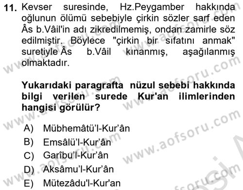 Tefsir Tarihi ve Usulü Dersi 2024 - 2025 Yılı (Final) Dönem Sonu Sınav Soruları 11. Soru