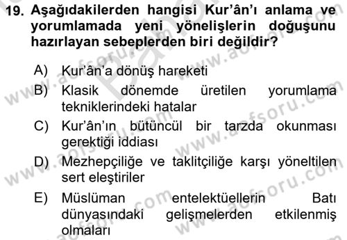 Tefsir Tarihi ve Usulü Dersi 2024 - 2025 Yılı (Final) Dönem Sonu Sınav Soruları 19. Soru