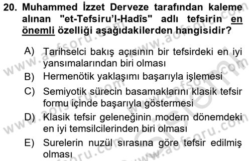 Tefsir Tarihi ve Usulü Dersi 2024 - 2025 Yılı (Final) Dönem Sonu Sınav Soruları 20. Soru