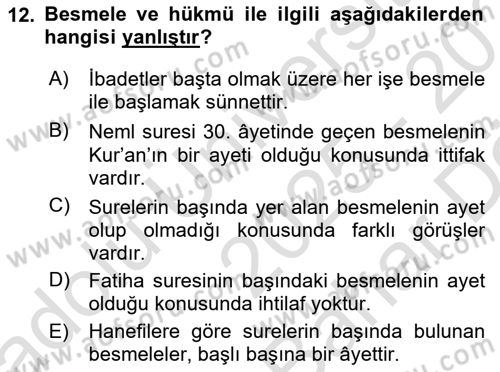 Tefsir Tarihi ve Usulü Dersi 2025 - 2026 Yılı (Vize) Ara Sınav Soruları 12. Soru