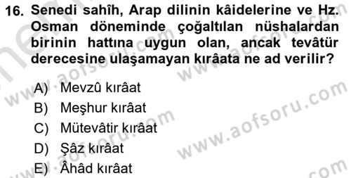 Tefsir Tarihi ve Usulü Dersi 2025 - 2026 Yılı (Vize) Ara Sınav Soruları 16. Soru