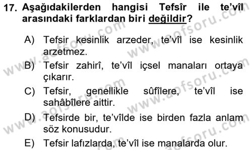 Tefsir Tarihi ve Usulü Dersi 2025 - 2026 Yılı (Vize) Ara Sınav Soruları 17. Soru