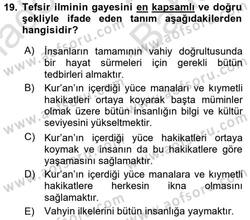 Tefsir Tarihi ve Usulü Dersi 2025 - 2026 Yılı (Vize) Ara Sınav Soruları 19. Soru