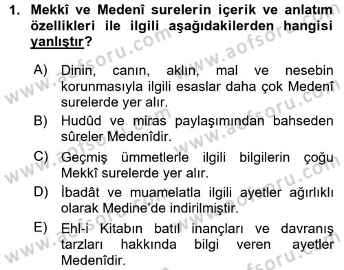 Tefsir Tarihi ve Usulü Dersi 2025 - 2026 Yılı (Final) Dönem Sonu Sınav Soruları 1. Soru