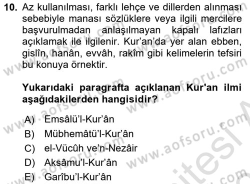 Tefsir Tarihi ve Usulü Dersi 2025 - 2026 Yılı (Final) Dönem Sonu Sınav Soruları 10. Soru