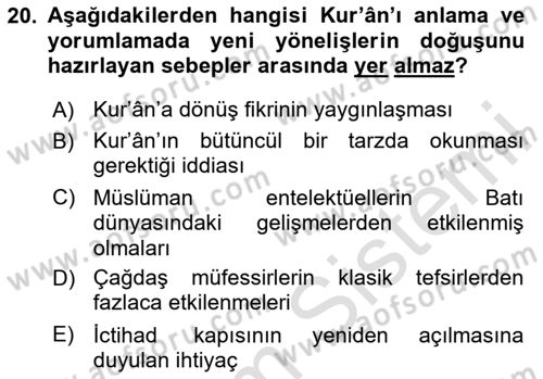 Tefsir Tarihi ve Usulü Dersi 2025 - 2026 Yılı (Final) Dönem Sonu Sınav Soruları 20. Soru